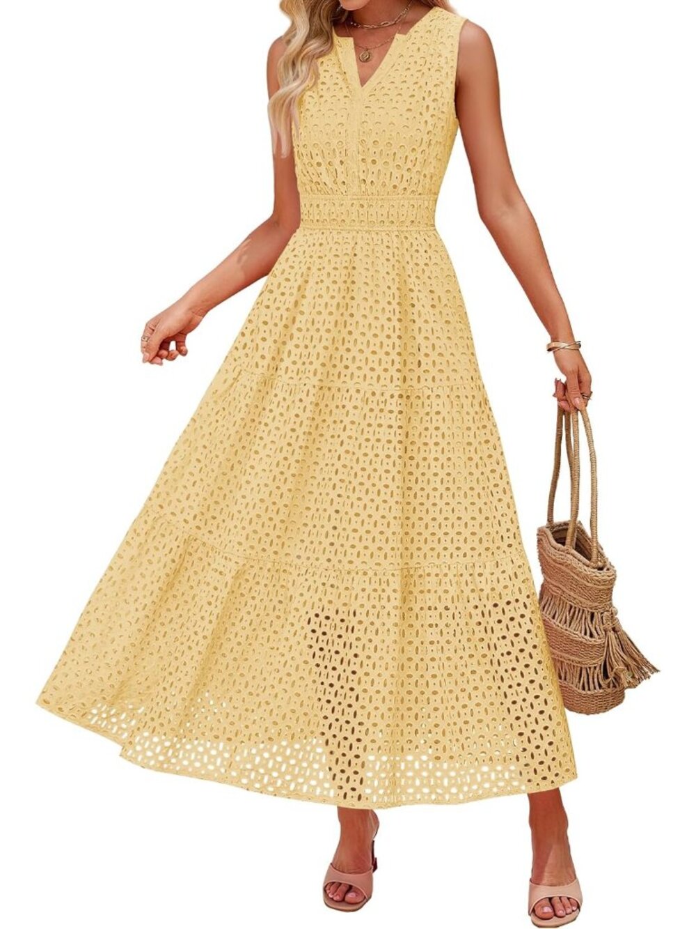 🆕 Women's Yellow Sleeveless Eyelet Lace Boho Maxi Tiered V-Neck Casual Dress